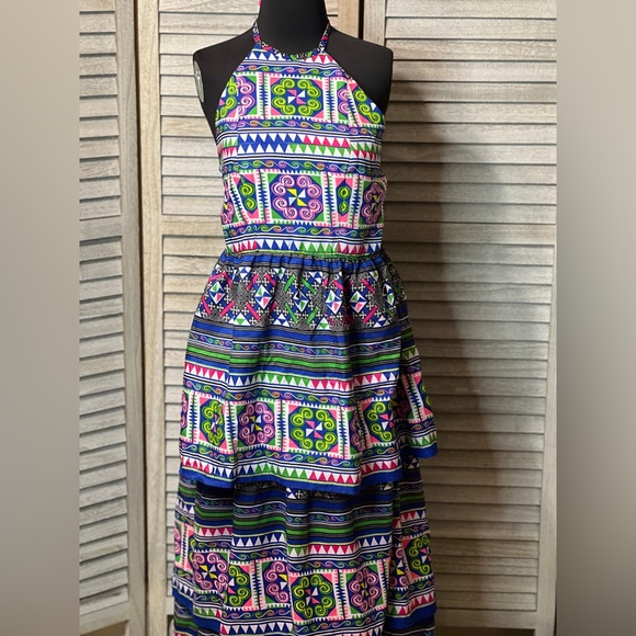 Vintage One of a Kind Geometric Artsy Print Ruffled Halter Backless Maxi Dress - Picture 6 of 13